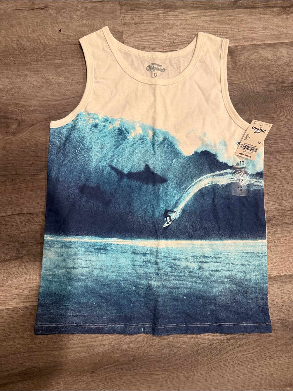 OshKosh B'gosh White and Blue Surf Shark Tank Top